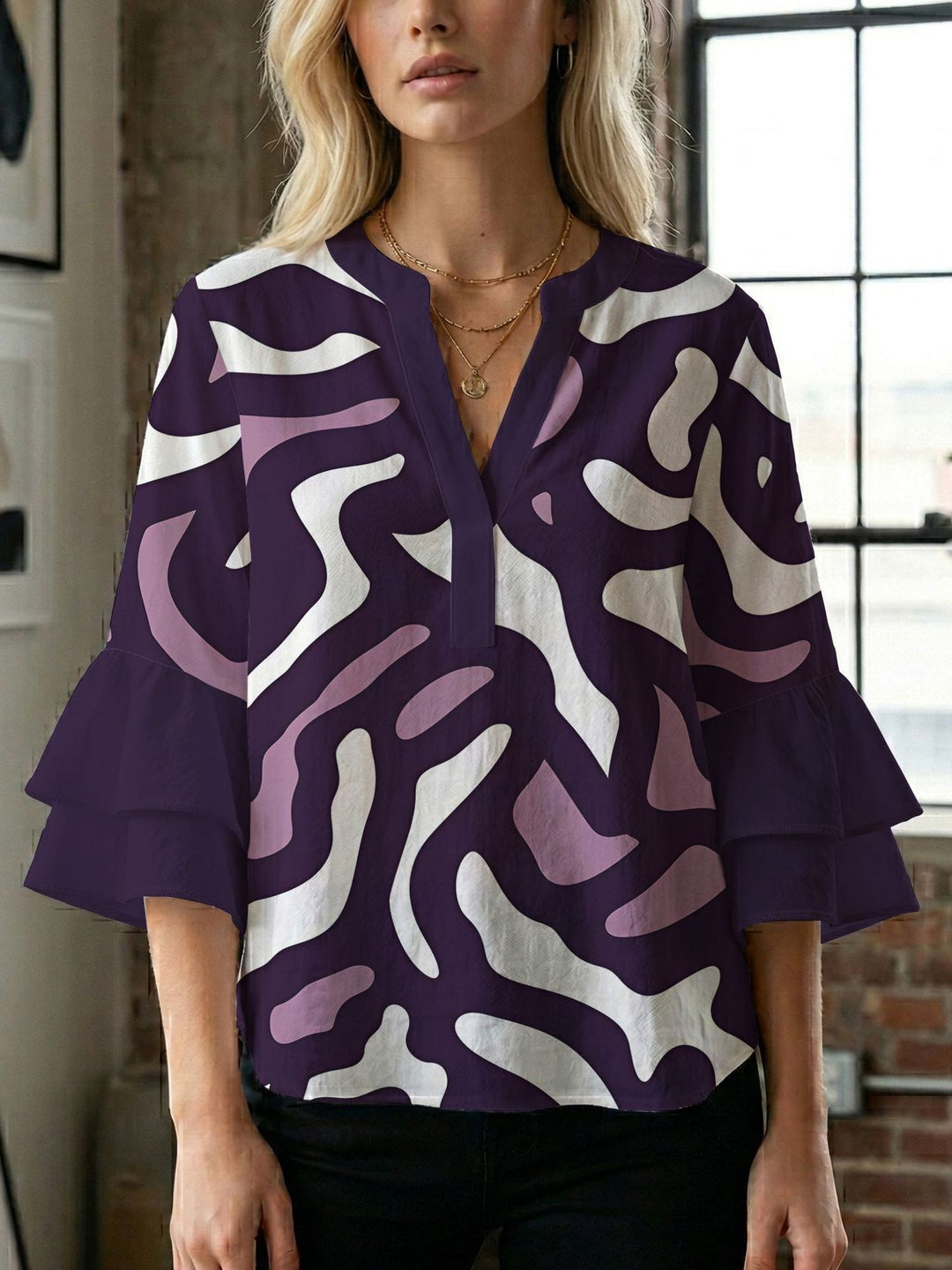 Women's blouse shirt with voluminous sleeves and creative print design Lisslune