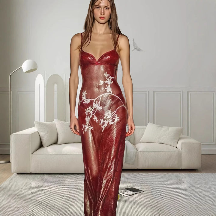 Women's elegant V-neck evening dress with floral embroidery and slim fit Lisslune