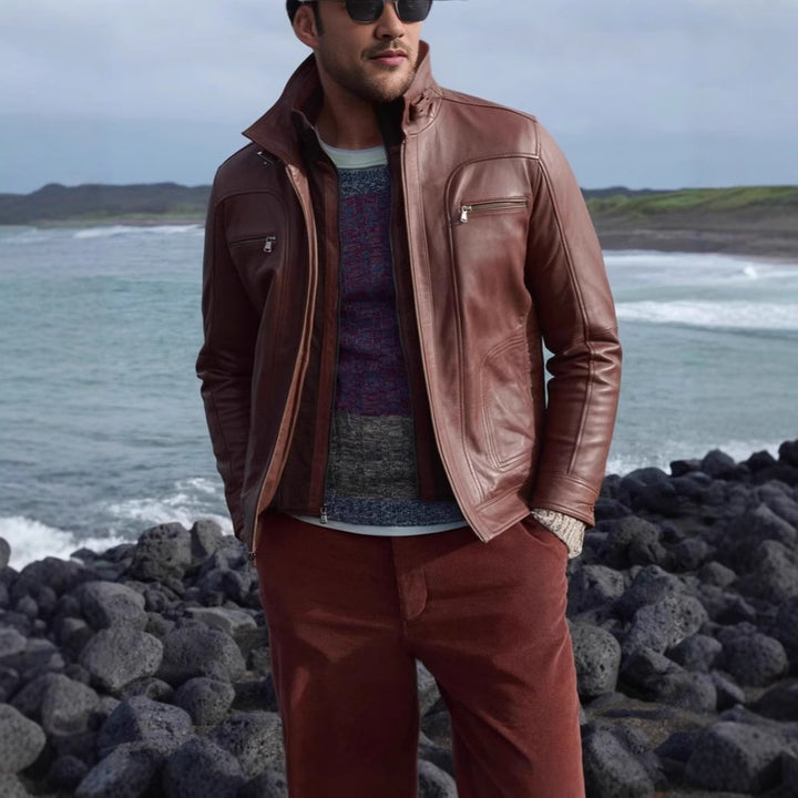 Men's casual leather jacket with modern stand-up collar and versatile pockets Lisslune