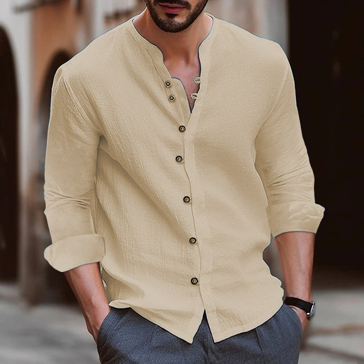 Men's linen shirt with button placket and casual stand collar Lisslune