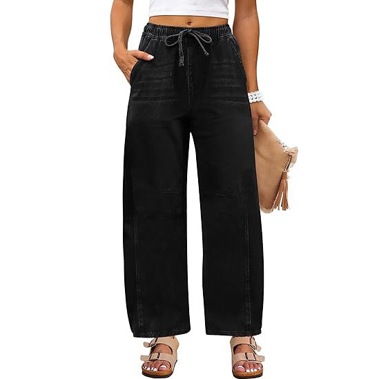 Damen weite Denim-Hose mit elastischem Bund und praktischem Schnitt Lisslune