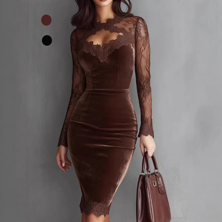 Women Elegant Velvet Dress with Lace Inserts and Tailored Cut Lisslune