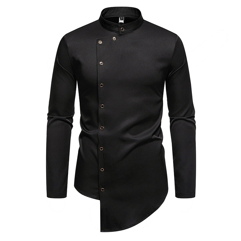 Men's modern cut long-sleeve shirt with asymmetrical button placket and stand collar Lisslune