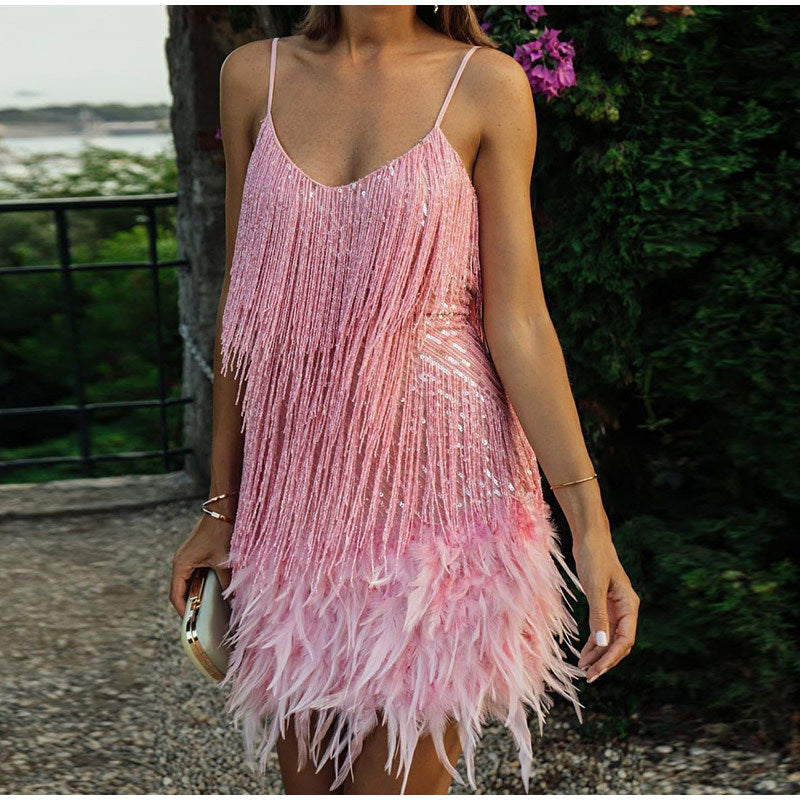 Women's Glittering Mini Dress with Fringe Details and Off-Shoulder Design Lisslune