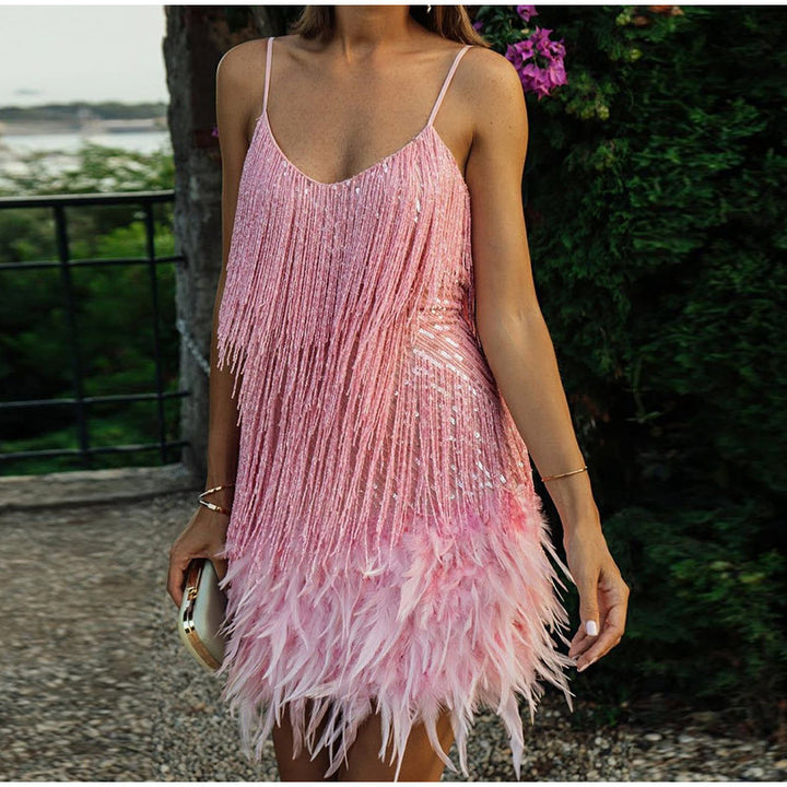 Women's Glittering Mini Dress with Fringe Details and Off-Shoulder Design Lisslune
