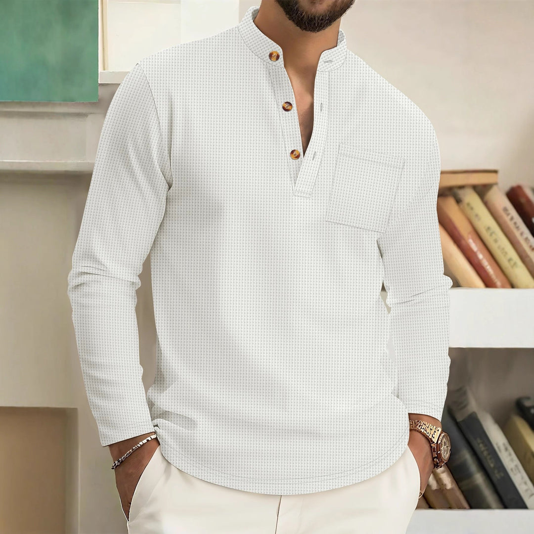 Men's long-sleeve shirt with modern stand-up collar and practical chest pocket Lisslune