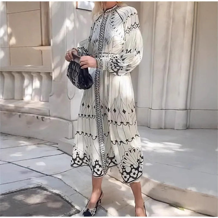 Ladies Elegant Shirt Dress with Graphic Pattern and Swinging Sleeves