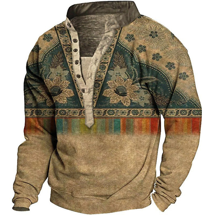 Men's fleece pullover with unique ethnic pattern and practical button details Lisslune