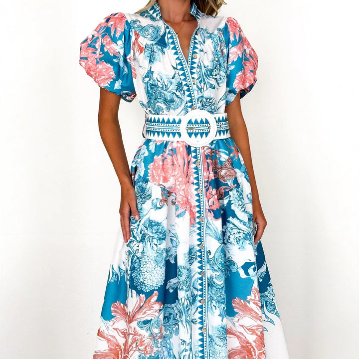 Women's maxi dress with voluminous puff sleeves and delicate floral pattern Lisslune