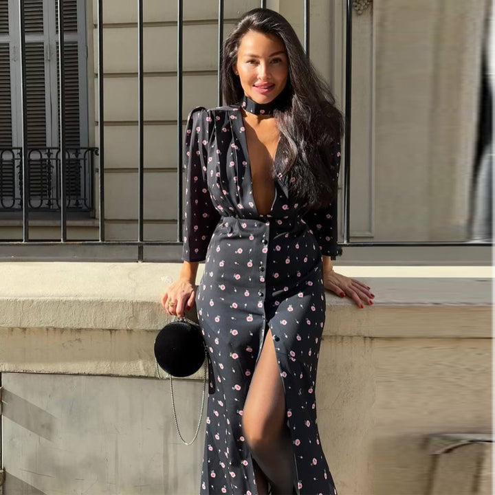 Women's jumpsuit with deep V-neckline and stylish slit Lisslune