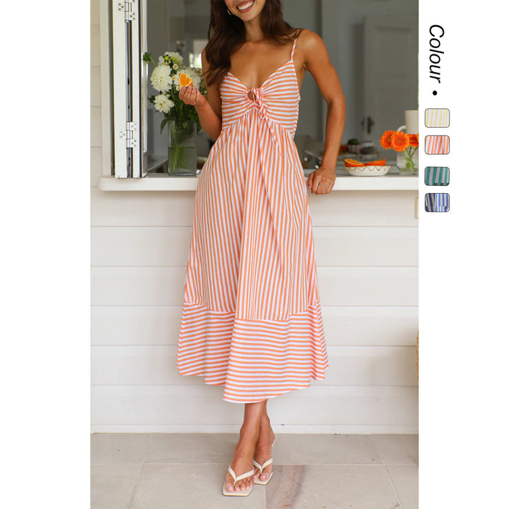 Women's striped maxi dress with playful top and flowing skirt
