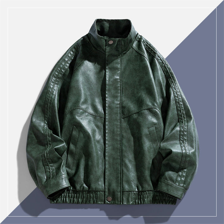 Men's Casual Synthetic Leather Jacket with High Collar and Elastic Hem Lisslune