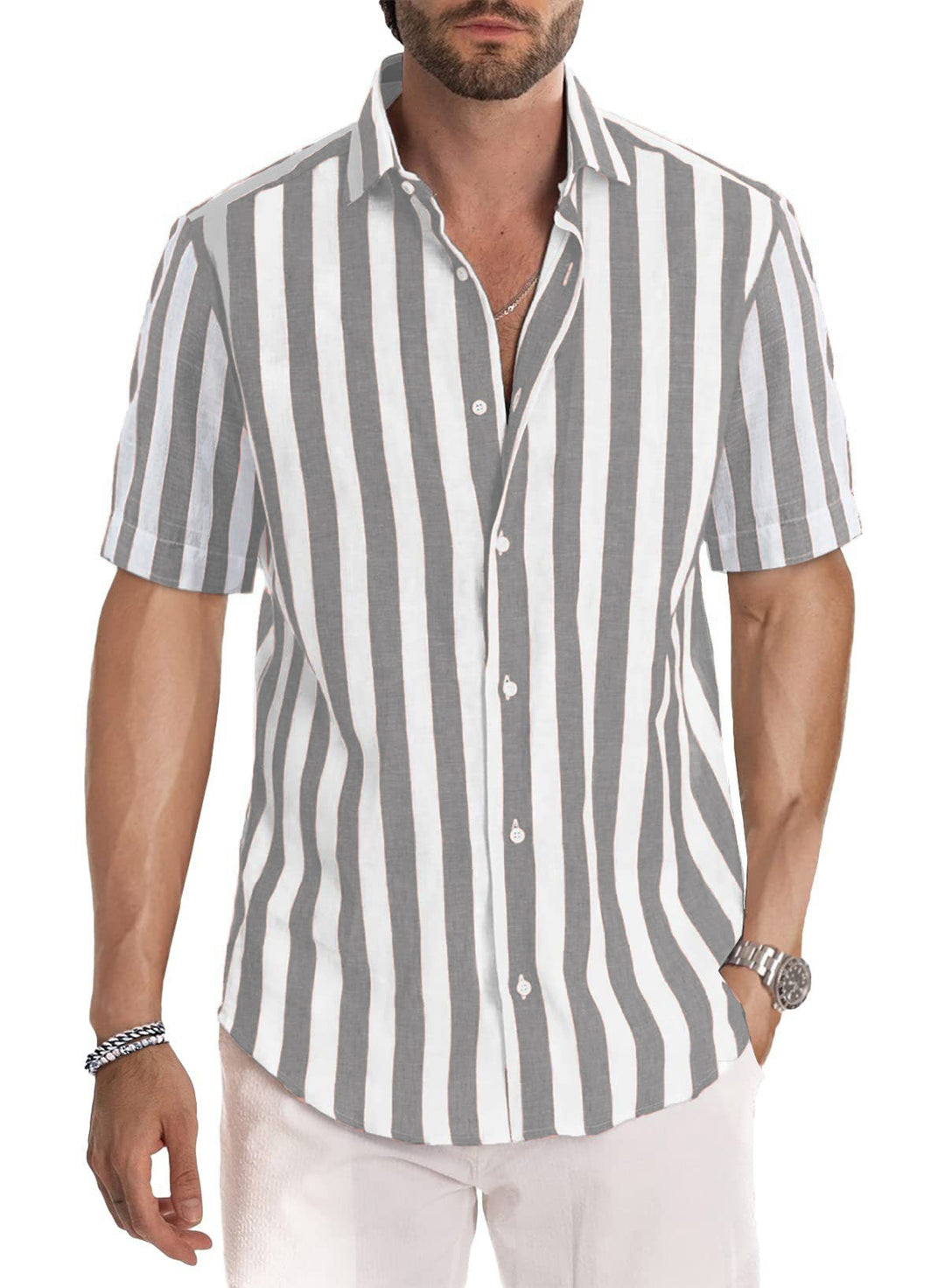 Men's Shirt Made of Lightweight, Breathable Cotton-Linen Blend with Modern Stripe Pattern Lisslune
