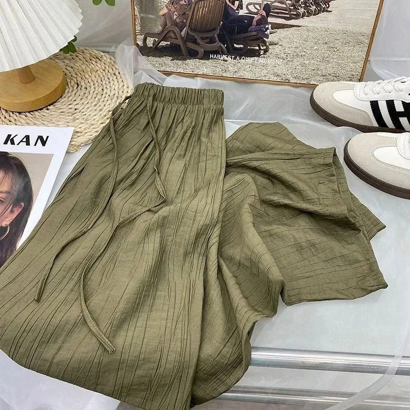 Women's Casual Pleated Pants with Elastic Waistband and Practical Side Pockets