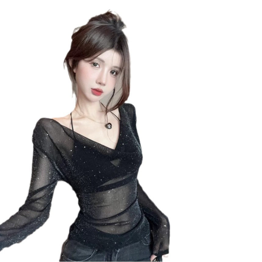 Women's sparkling long-sleeve top with deep V-neck and transparent details Lisslune