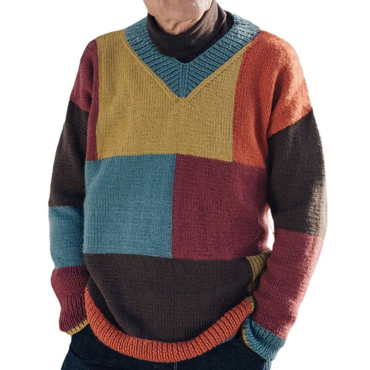 Men's patterned pullover with color block design and modern V-neck Lisslune