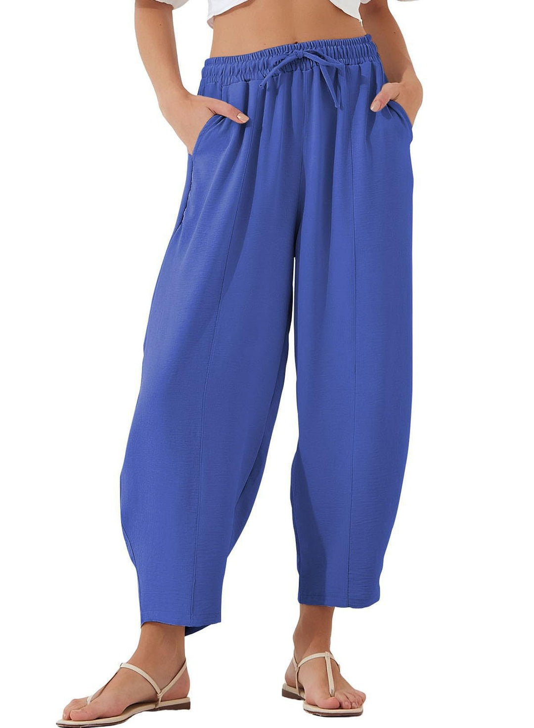 Damen Bequeme, weit geschnittene Sommerhose mit elastischem Bund und seitlichen Taschen Lisslune