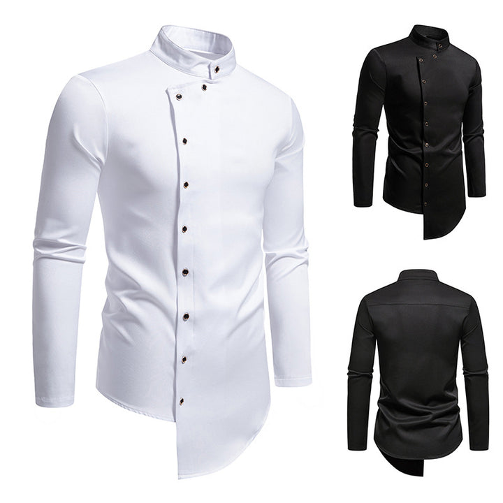 Men's modern cut long-sleeve shirt with asymmetrical button placket and stand collar Lisslune