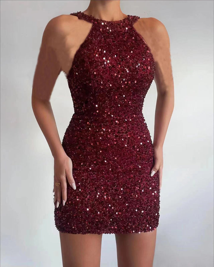 Ladies Glittering Mini Dress with Half Neckline and Bodycon Fit