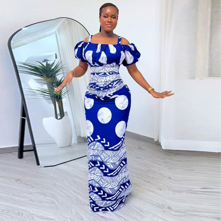 Women's maxi dress with voluminous puff sleeves and graphic pattern Lisslune