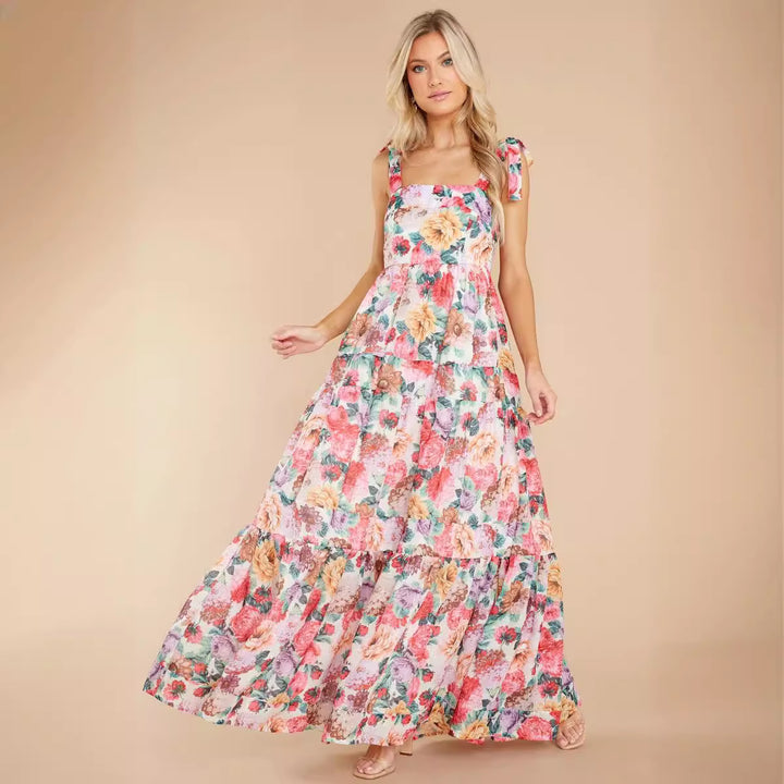Women's Boho Maxi Dress with Playful Ruffle Details and Straps Lune London