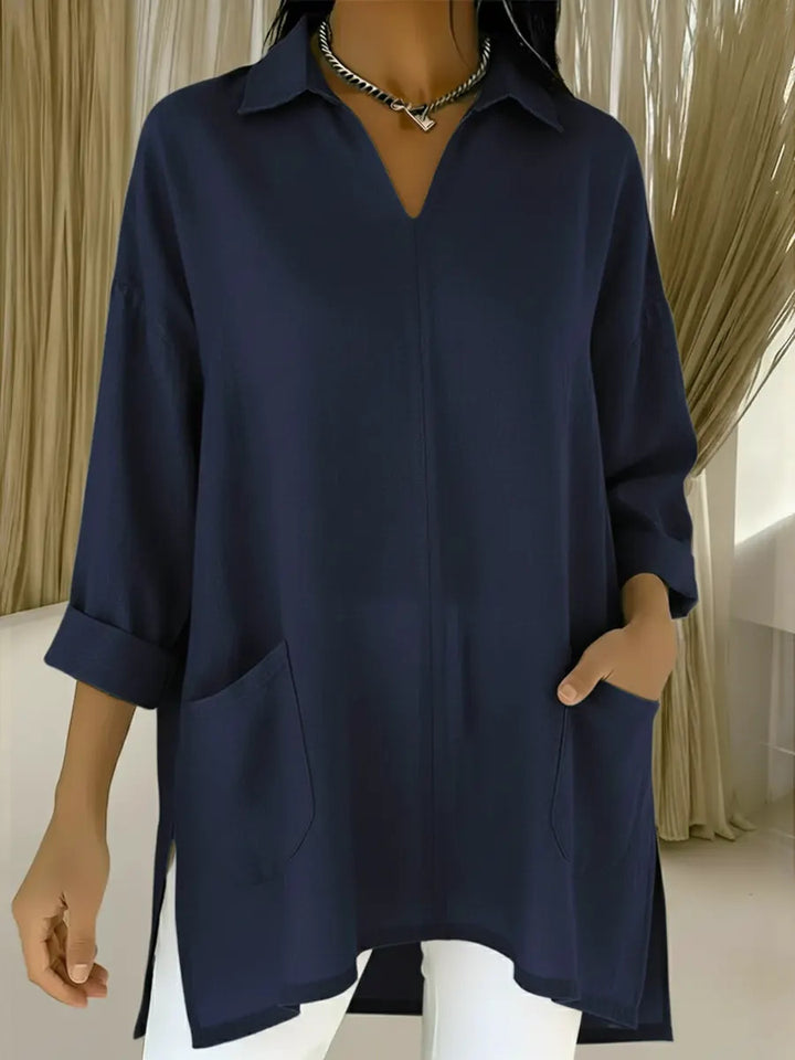 Women’s long sleeve blouse with elegant V-neck and practical pockets Lisslune