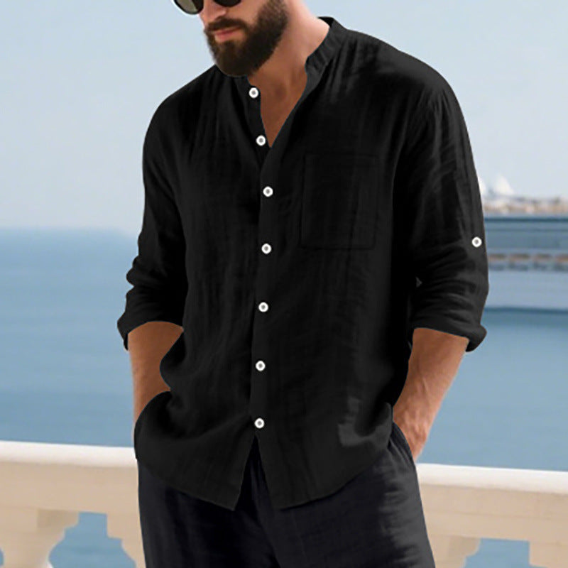 Men's linen shirt with modern stand-up collar and practical breast pocket Lisslune