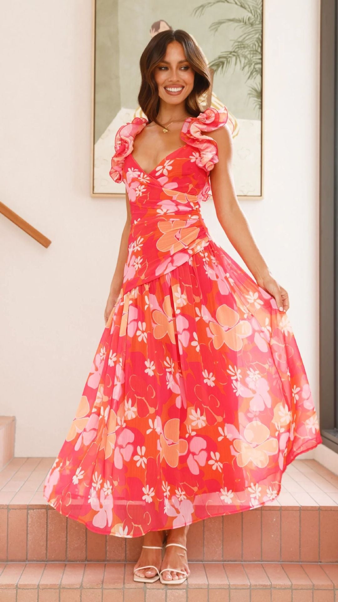 Ladies maxi dress with elegant ruffles and figure-hugging cut