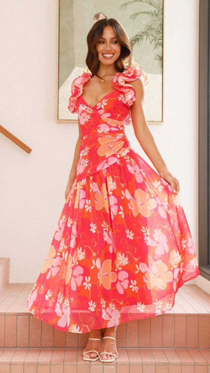 Ladies maxi dress with elegant ruffles and figure-hugging cut