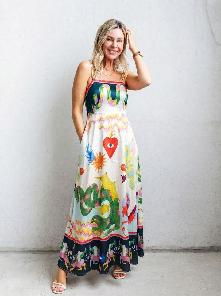 Women's maxi dress with exciting graphic print and playful design
