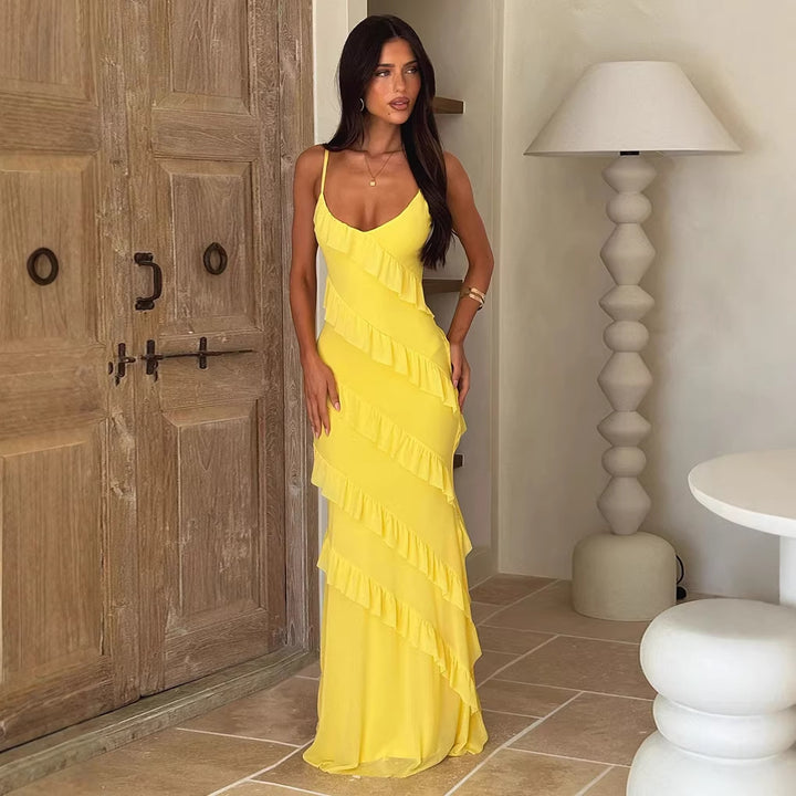 Women's maxi dress with elegant ruffle design and adjustable straps Lisslune