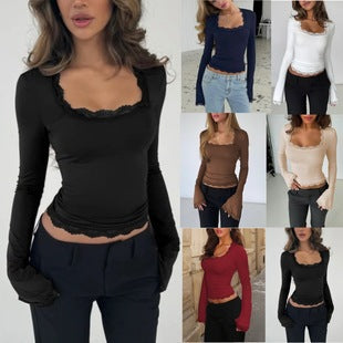 Women Long Sleeve Shirt with Delicate Lace Trim Lisslune