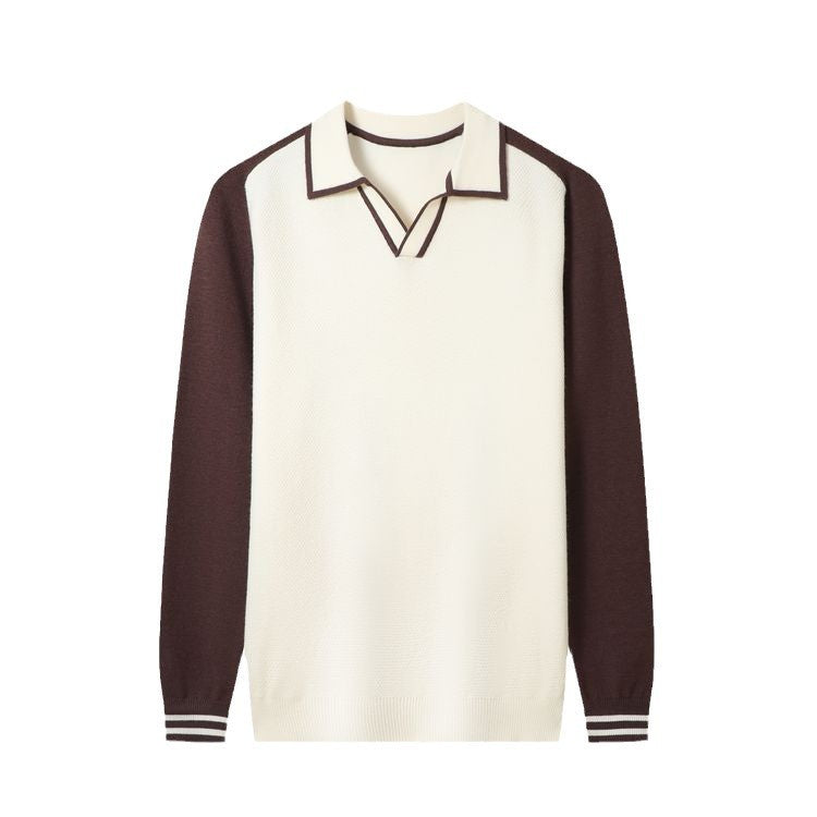 Men's fine-knit pullover with V-neck and fashionable contrast design Lisslune