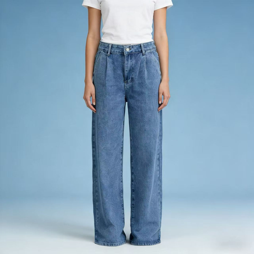 Women high-waisted wide jeans in casual style with elegant pleating Lisslune