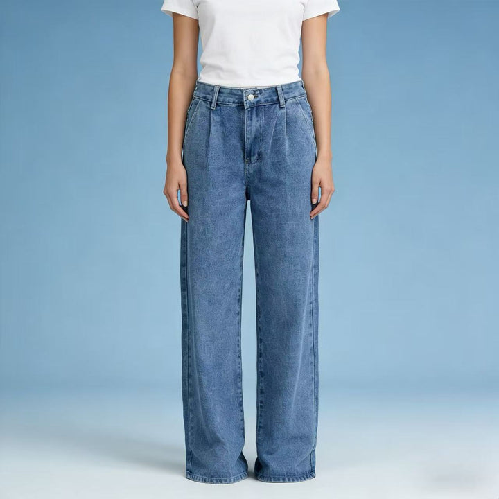 Women high-waisted wide jeans in casual style with elegant pleating Lisslune