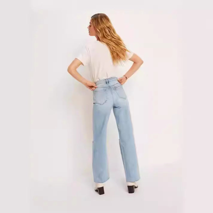 Ladies High-Waist Jeans with frayed hem and trendy rip details Lisslune