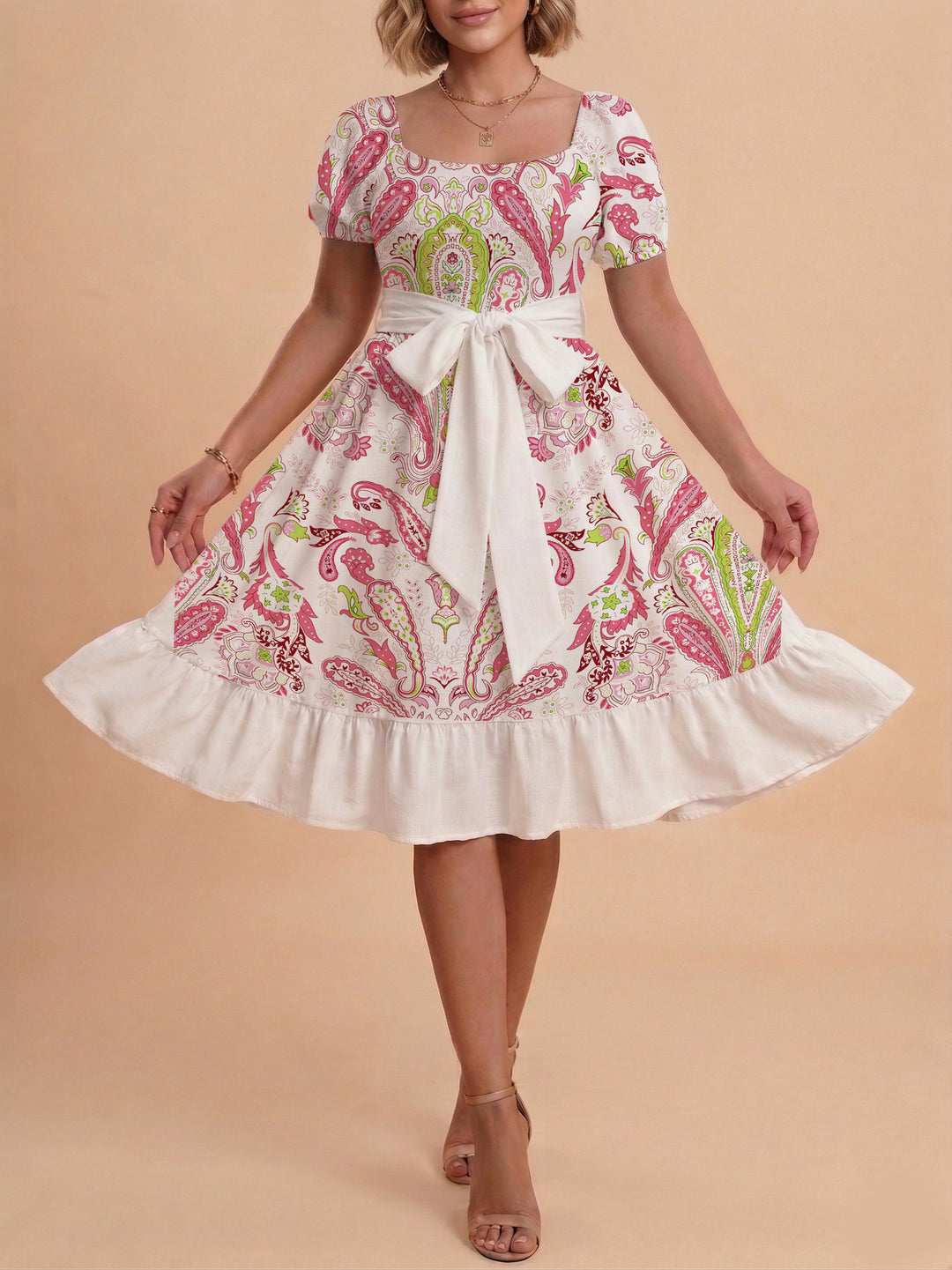 Women's elegant maxi dress with floral design and waist belt Lisslune