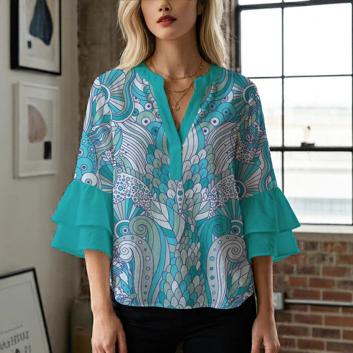 Women's blouse with voluminous ruffle sleeves and creative floral design Lisslune