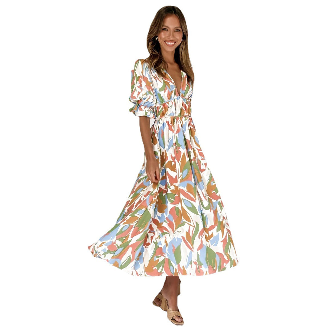 Women's maxi dress with casual V-neck and elastic waist drawstring Lune London