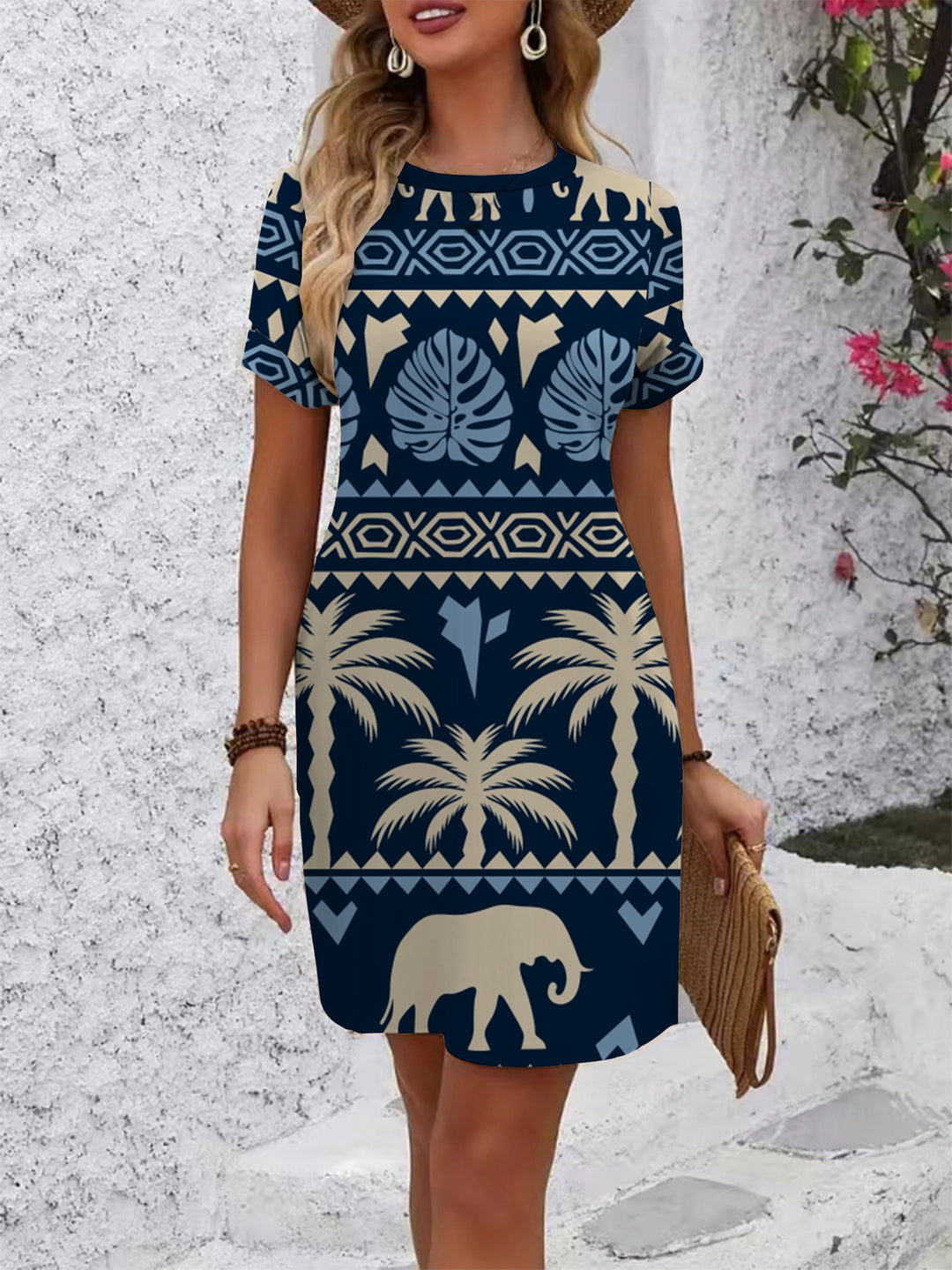 Women's casual short-sleeve dress with modern houndstooth pattern and comfortable fit Lisslune