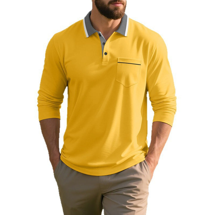 Men's Long Sleeve Polo Shirt with Fashionable Collar and Chest Pocket Lisslune