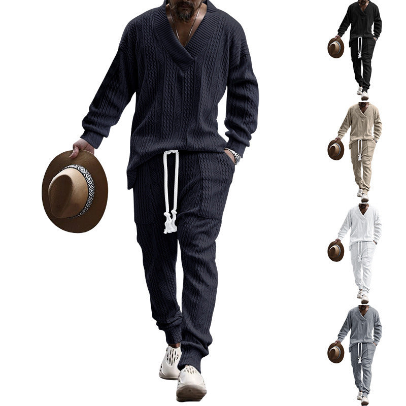 Men's casual knit outfit with V-neck and elastic waistband Lisslune
