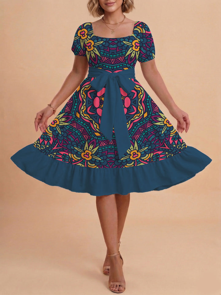 Women A-line dress with floral motifs and adjustable belt Lisslune