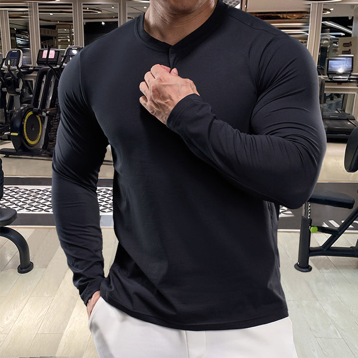 Men's Long Sleeve Sports Top with optimal moisture regulation and stylish Henley collar Lisslune