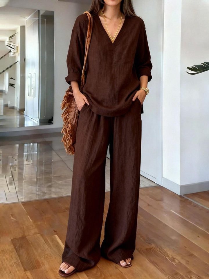 Women's Casual Linen Top and Wide Palazzo Pants Set Lisslune