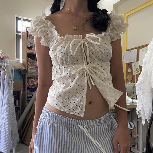 Damen Rüschenshirt mit tiefer Taille und Bindebändern Lisslune