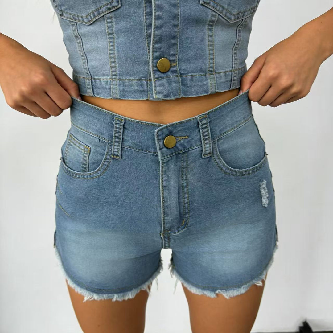 Women's High-Cut Denim Shorts in Trendy Fringe Look Lisslune