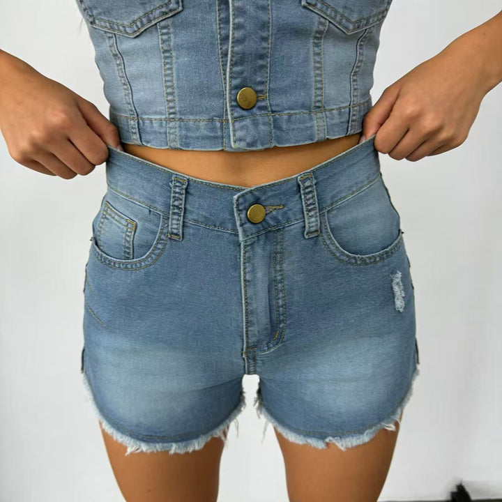Women's High-Cut Denim Shorts in Trendy Fringe Look Lisslune