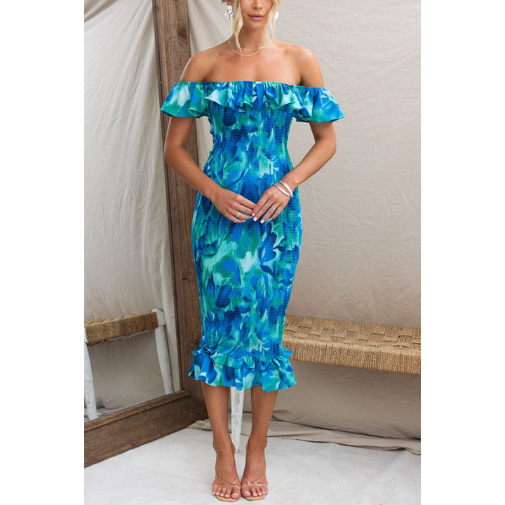 Women's Off-Shoulder Dress with Ruffles and Figure-Hugging Fit