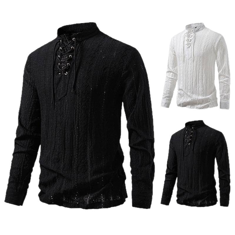 Men's Long-Sleeve Shirt with Creative Lacing Design Lisslune